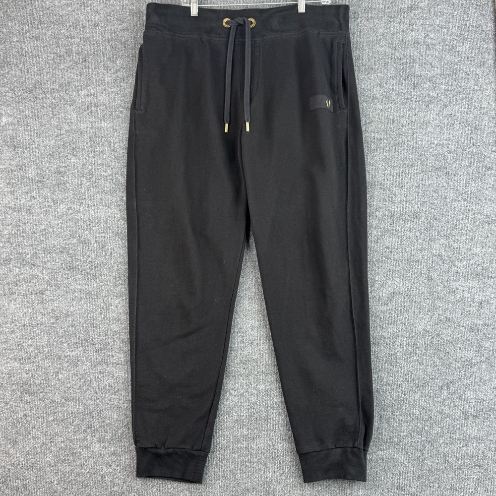 True Religion Jogger Pants Men L Black Cotton Logo Drawstring Cotton Sweatpants